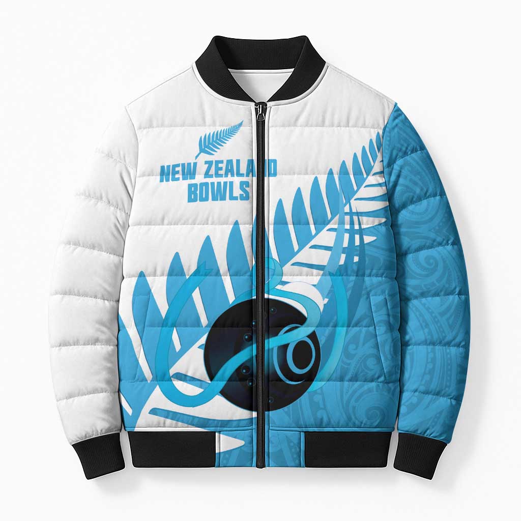 New Zealand Lawn Bowls Prostate Cancer Custom Bomber Puffer Jacket Aotearoa Maori Silver Fern Blue Ribbon - Aussie Hoodie