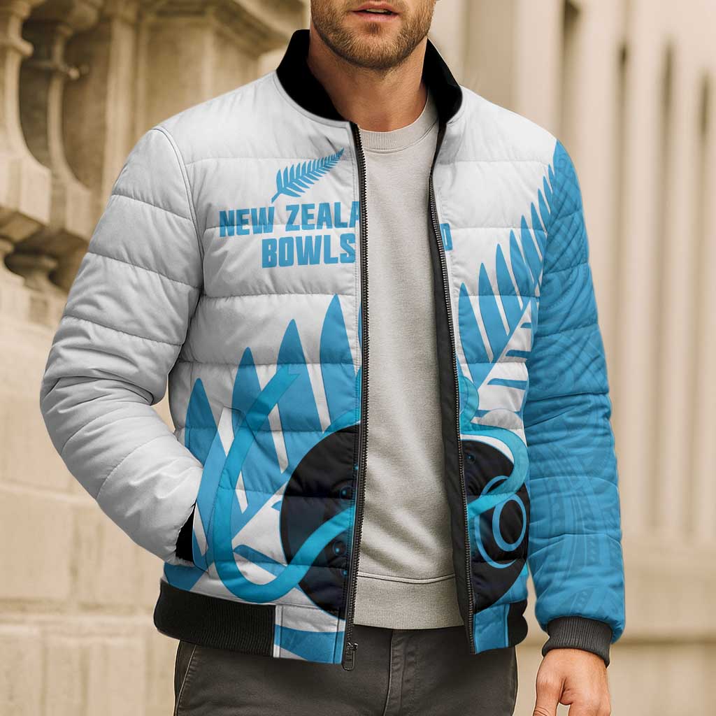 New Zealand Lawn Bowls Prostate Cancer Custom Bomber Puffer Jacket Aotearoa Maori Silver Fern Blue Ribbon - Aussie Hoodie