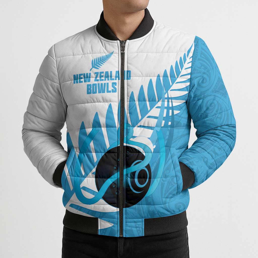 New Zealand Lawn Bowls Prostate Cancer Custom Bomber Puffer Jacket Aotearoa Maori Silver Fern Blue Ribbon - Aussie Hoodie