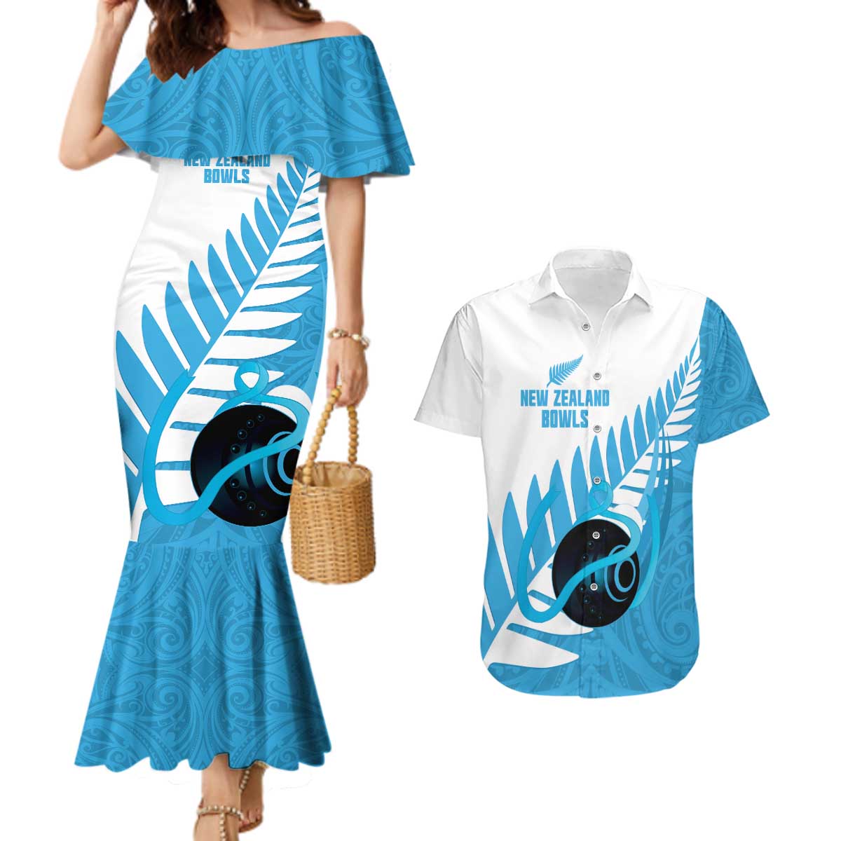 New Zealand Lawn Bowls Prostate Cancer Custom Couples Matching Mermaid Dress and Hawaiian Shirt Aotearoa Maori Silver Fern Blue Ribbon - Aussie Hoodie