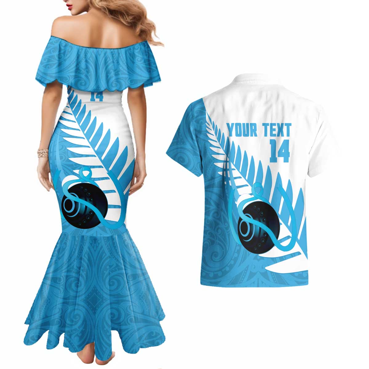 New Zealand Lawn Bowls Prostate Cancer Custom Couples Matching Mermaid Dress and Hawaiian Shirt Aotearoa Maori Silver Fern Blue Ribbon - Aussie Hoodie