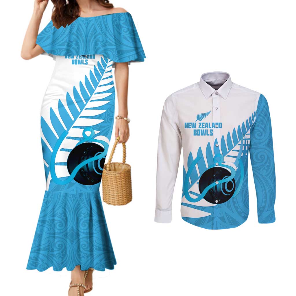 New Zealand Lawn Bowls Prostate Cancer Custom Couples Matching Mermaid Dress and Long Sleeve Button Shirt Aotearoa Maori Silver Fern Blue Ribbon - Aussie Hoodie
