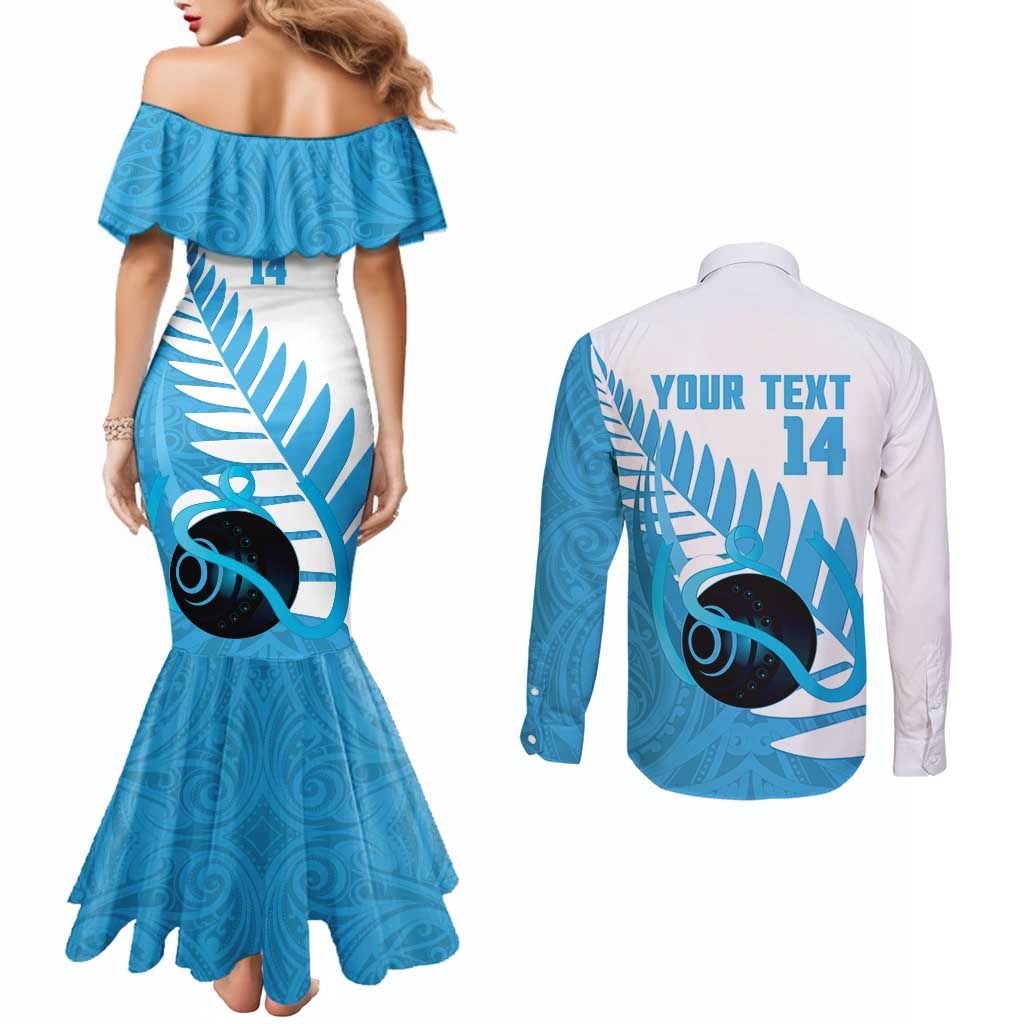 New Zealand Lawn Bowls Prostate Cancer Custom Couples Matching Mermaid Dress and Long Sleeve Button Shirt Aotearoa Maori Silver Fern Blue Ribbon - Aussie Hoodie