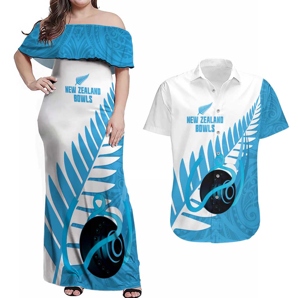 New Zealand Lawn Bowls Prostate Cancer Custom Couples Matching Off Shoulder Maxi Dress and Hawaiian Shirt Aotearoa Maori Silver Fern Blue Ribbon - Aussie Hoodie