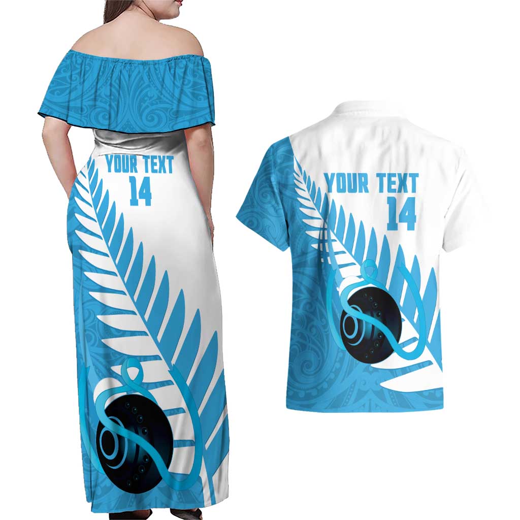 New Zealand Lawn Bowls Prostate Cancer Custom Couples Matching Off Shoulder Maxi Dress and Hawaiian Shirt Aotearoa Maori Silver Fern Blue Ribbon - Aussie Hoodie