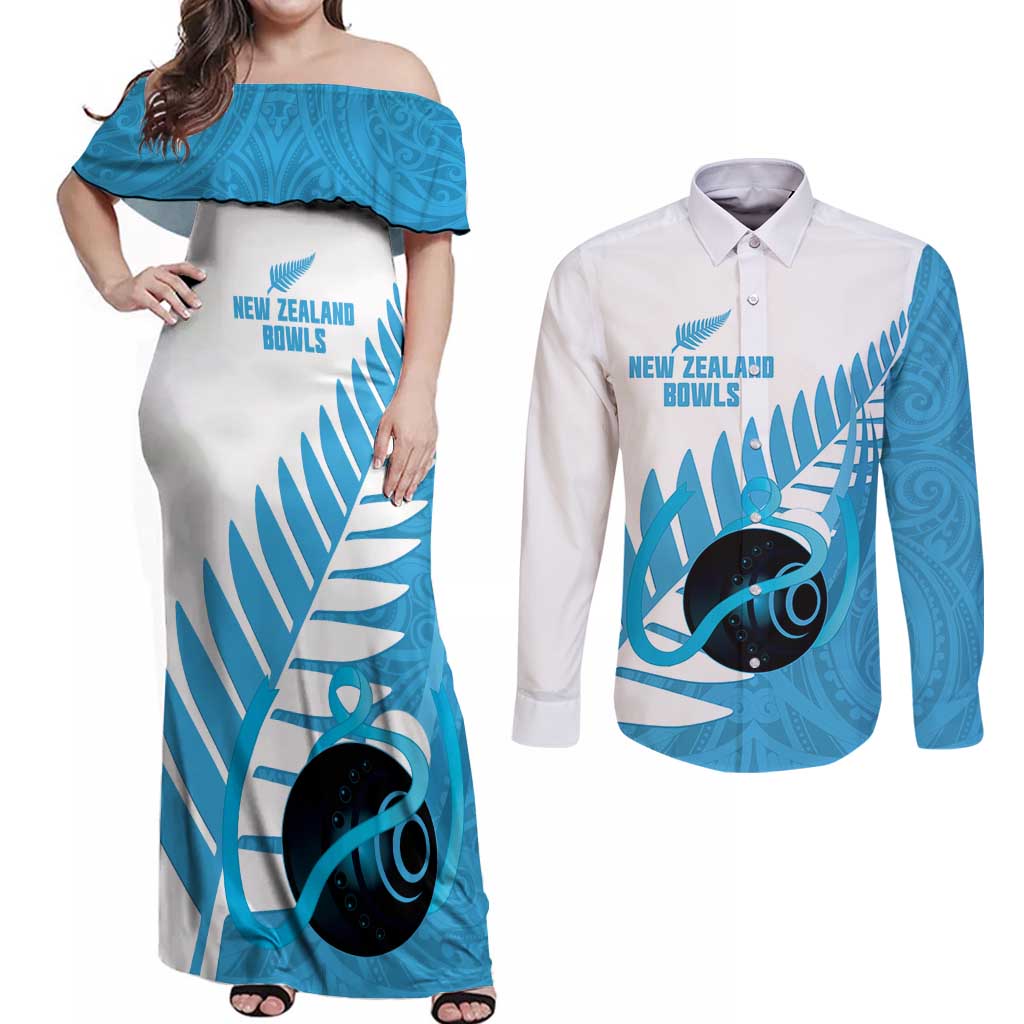 New Zealand Lawn Bowls Prostate Cancer Custom Couples Matching Off Shoulder Maxi Dress and Long Sleeve Button Shirt Aotearoa Maori Silver Fern Blue Ribbon - Aussie Hoodie