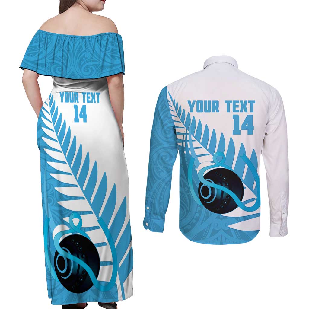 New Zealand Lawn Bowls Prostate Cancer Custom Couples Matching Off Shoulder Maxi Dress and Long Sleeve Button Shirt Aotearoa Maori Silver Fern Blue Ribbon - Aussie Hoodie