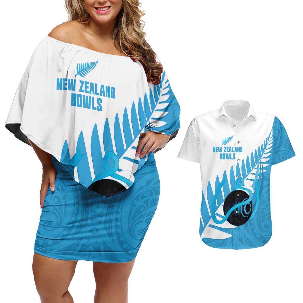 New Zealand Lawn Bowls Prostate Cancer Custom Couples Matching Off Shoulder Short Dress and Hawaiian Shirt Aotearoa Maori Silver Fern Blue Ribbon - Aussie Hoodie