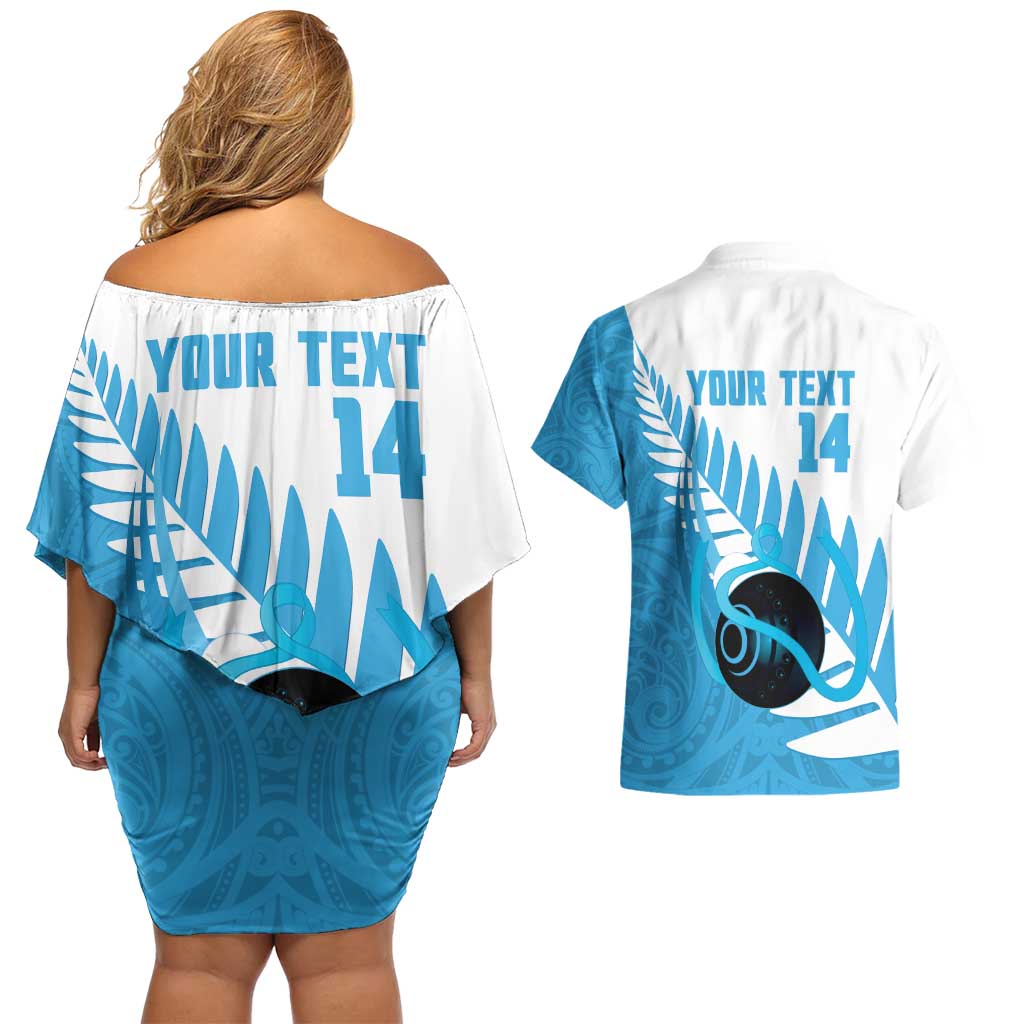 New Zealand Lawn Bowls Prostate Cancer Custom Couples Matching Off Shoulder Short Dress and Hawaiian Shirt Aotearoa Maori Silver Fern Blue Ribbon - Aussie Hoodie