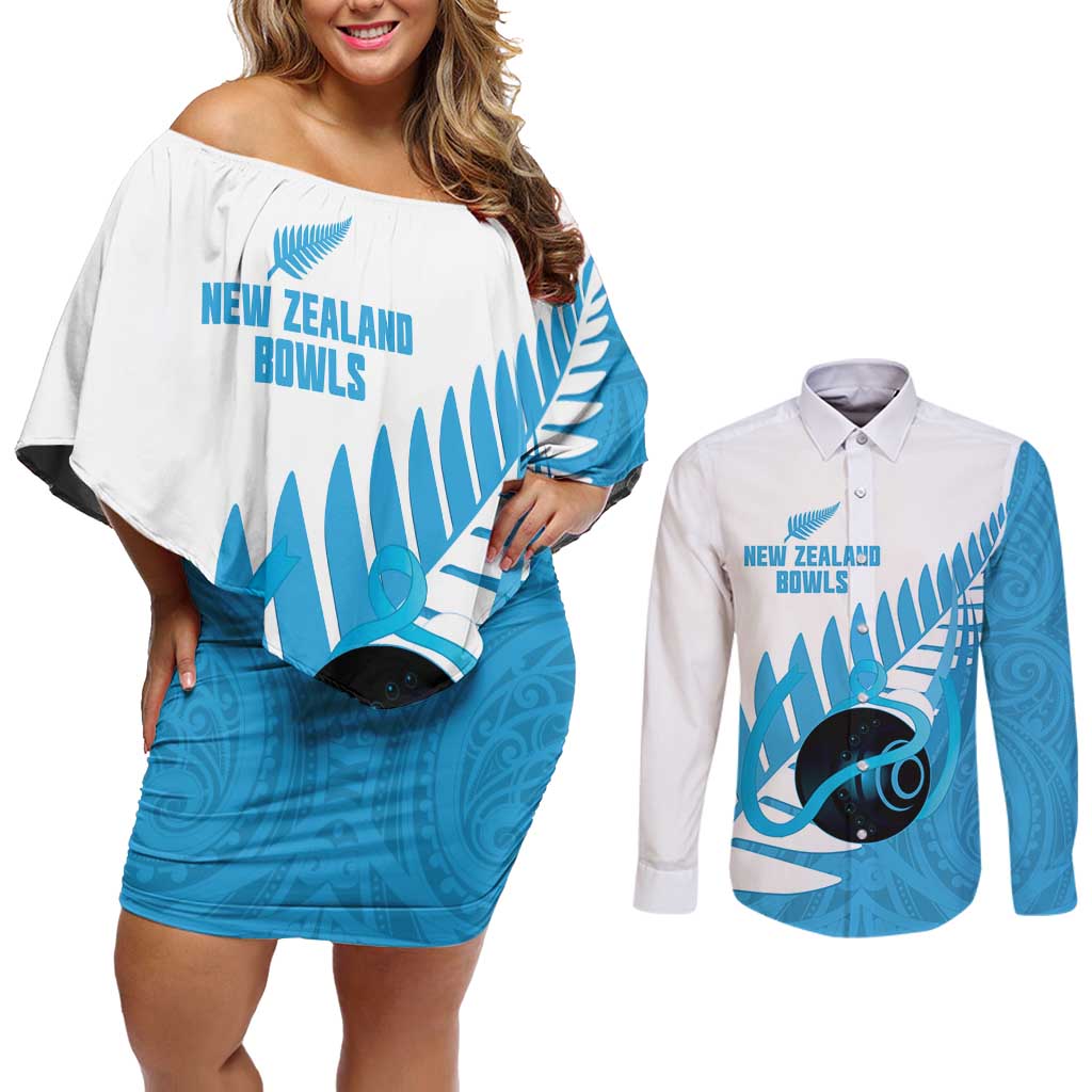 New Zealand Lawn Bowls Prostate Cancer Custom Couples Matching Off Shoulder Short Dress and Long Sleeve Button Shirt Aotearoa Maori Silver Fern Blue Ribbon - Aussie Hoodie