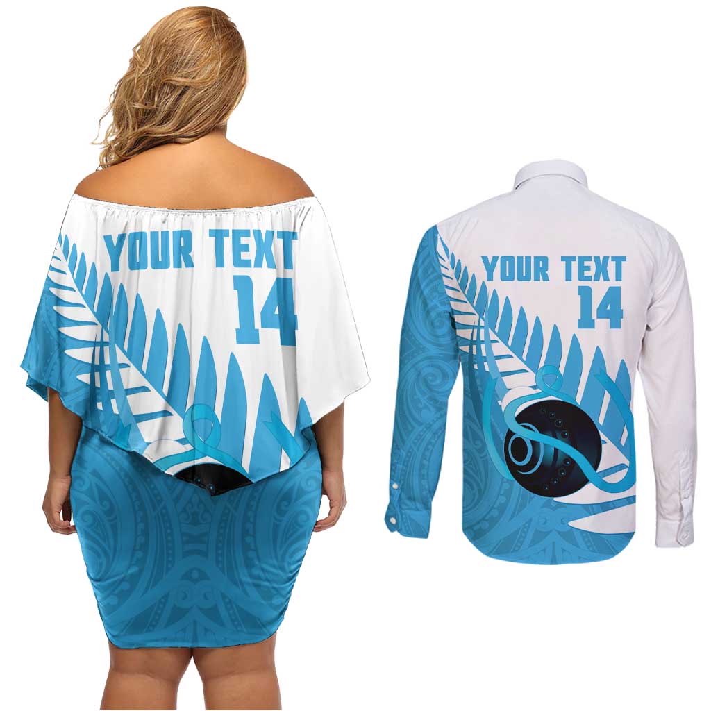 New Zealand Lawn Bowls Prostate Cancer Custom Couples Matching Off Shoulder Short Dress and Long Sleeve Button Shirt Aotearoa Maori Silver Fern Blue Ribbon - Aussie Hoodie