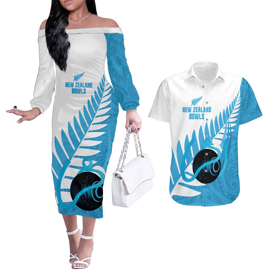 New Zealand Lawn Bowls Prostate Cancer Custom Couples Matching Off The Shoulder Long Sleeve Dress and Hawaiian Shirt Aotearoa Maori Silver Fern Blue Ribbon - Aussie Hoodie
