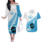 New Zealand Lawn Bowls Prostate Cancer Custom Couples Matching Off The Shoulder Long Sleeve Dress and Hawaiian Shirt Aotearoa Maori Silver Fern Blue Ribbon - Aussie Hoodie