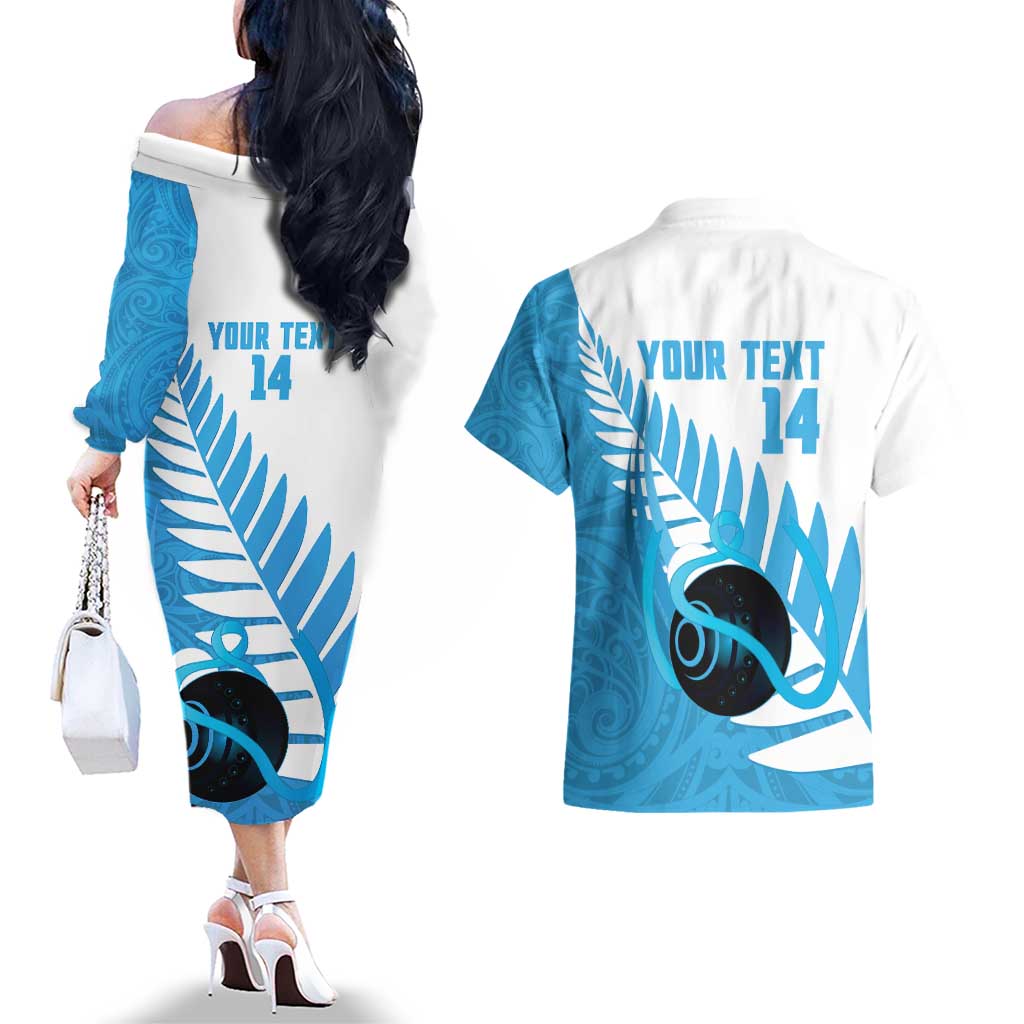 New Zealand Lawn Bowls Prostate Cancer Custom Couples Matching Off The Shoulder Long Sleeve Dress and Hawaiian Shirt Aotearoa Maori Silver Fern Blue Ribbon - Aussie Hoodie
