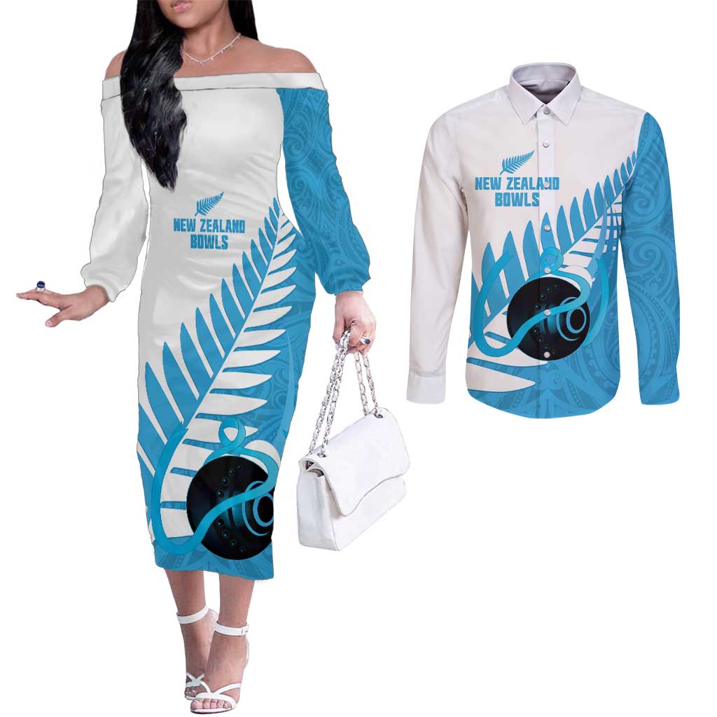 New Zealand Lawn Bowls Prostate Cancer Custom Couples Matching Off The Shoulder Long Sleeve Dress and Long Sleeve Button Shirt Aotearoa Maori Silver Fern Blue Ribbon - Aussie Hoodie