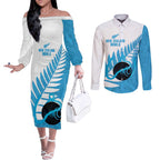 New Zealand Lawn Bowls Prostate Cancer Custom Couples Matching Off The Shoulder Long Sleeve Dress and Long Sleeve Button Shirt Aotearoa Maori Silver Fern Blue Ribbon - Aussie Hoodie