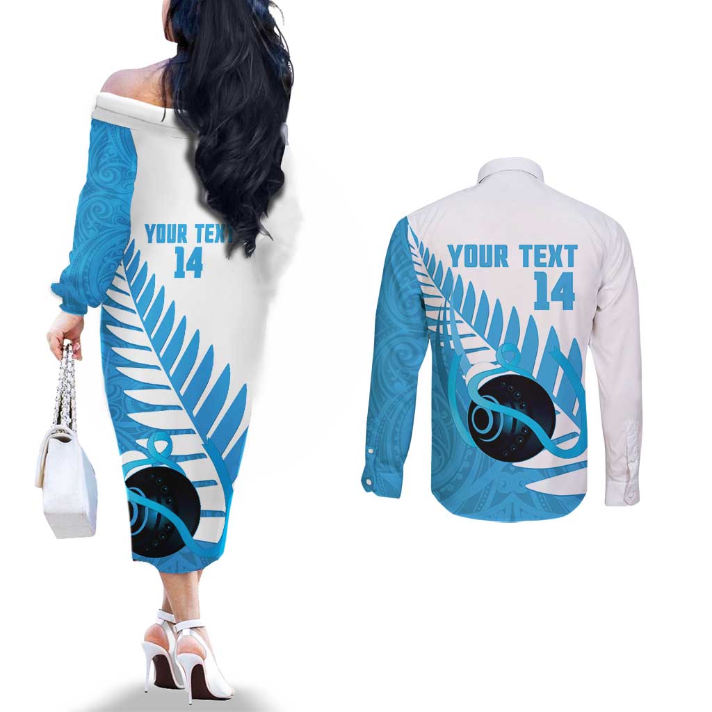 New Zealand Lawn Bowls Prostate Cancer Custom Couples Matching Off The Shoulder Long Sleeve Dress and Long Sleeve Button Shirt Aotearoa Maori Silver Fern Blue Ribbon - Aussie Hoodie
