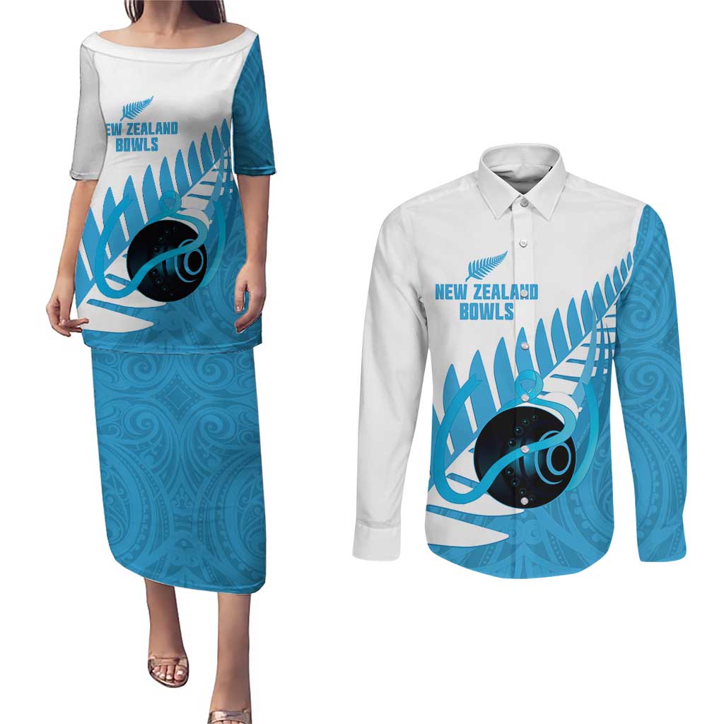 New Zealand Lawn Bowls Prostate Cancer Custom Couples Matching Puletasi and Long Sleeve Button Shirt Aotearoa Maori Silver Fern Blue Ribbon - Aussie Hoodie