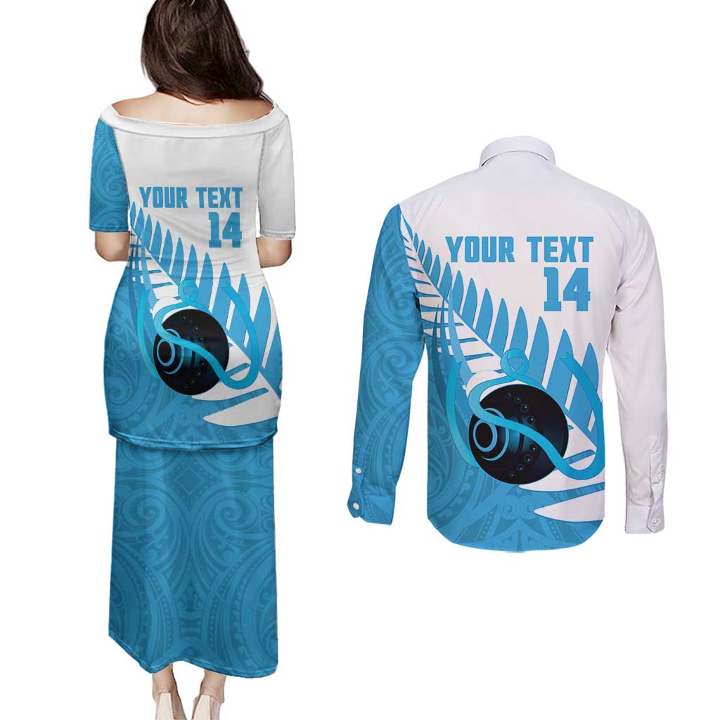 New Zealand Lawn Bowls Prostate Cancer Custom Couples Matching Puletasi and Long Sleeve Button Shirt Aotearoa Maori Silver Fern Blue Ribbon - Aussie Hoodie