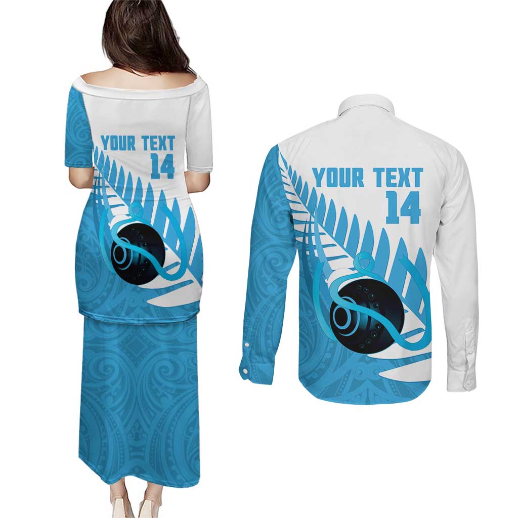 New Zealand Lawn Bowls Prostate Cancer Custom Couples Matching Puletasi and Long Sleeve Button Shirt Aotearoa Maori Silver Fern Blue Ribbon - Aussie Hoodie