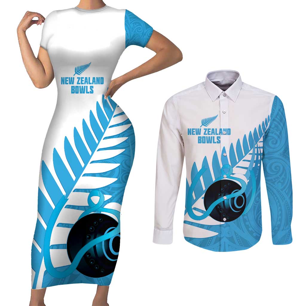 New Zealand Lawn Bowls Prostate Cancer Custom Couples Matching Short Sleeve Bodycon Dress and Long Sleeve Button Shirt Aotearoa Maori Silver Fern Blue Ribbon - Aussie Hoodie