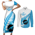 New Zealand Lawn Bowls Prostate Cancer Custom Couples Matching Short Sleeve Bodycon Dress and Long Sleeve Button Shirt Aotearoa Maori Silver Fern Blue Ribbon - Aussie Hoodie