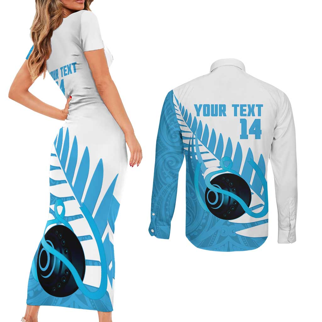New Zealand Lawn Bowls Prostate Cancer Custom Couples Matching Short Sleeve Bodycon Dress and Long Sleeve Button Shirt Aotearoa Maori Silver Fern Blue Ribbon - Aussie Hoodie