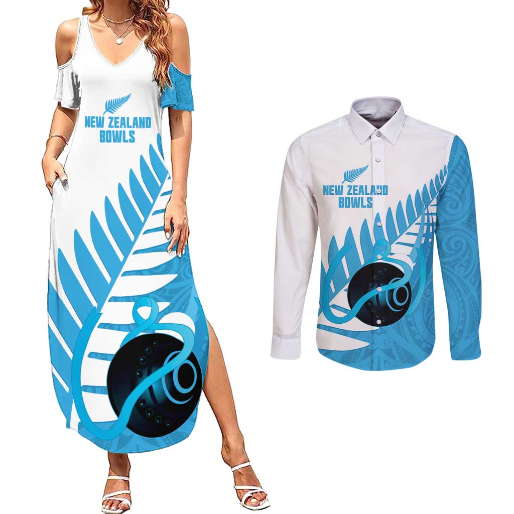 New Zealand Lawn Bowls Prostate Cancer Custom Couples Matching Summer Maxi Dress and Long Sleeve Button Shirt Aotearoa Maori Silver Fern Blue Ribbon - Aussie Hoodie
