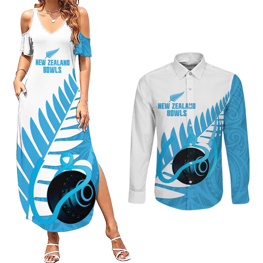 New Zealand Lawn Bowls Prostate Cancer Custom Couples Matching Summer Maxi Dress and Long Sleeve Button Shirt Aotearoa Maori Silver Fern Blue Ribbon - Aussie Hoodie