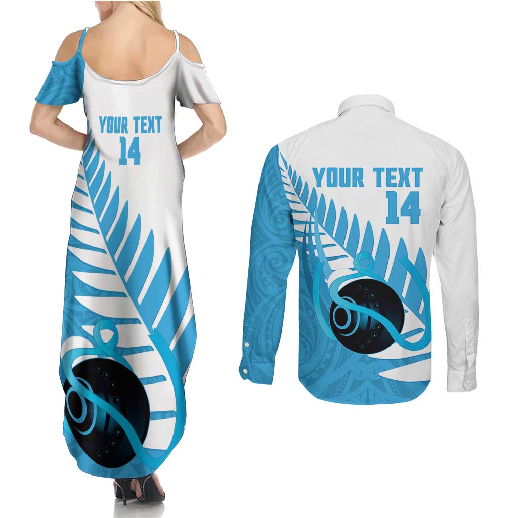 New Zealand Lawn Bowls Prostate Cancer Custom Couples Matching Summer Maxi Dress and Long Sleeve Button Shirt Aotearoa Maori Silver Fern Blue Ribbon - Aussie Hoodie