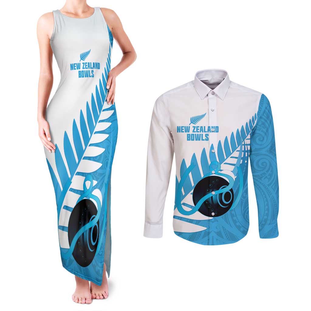 New Zealand Lawn Bowls Prostate Cancer Custom Couples Matching Tank Maxi Dress and Long Sleeve Button Shirt Aotearoa Maori Silver Fern Blue Ribbon - Aussie Hoodie