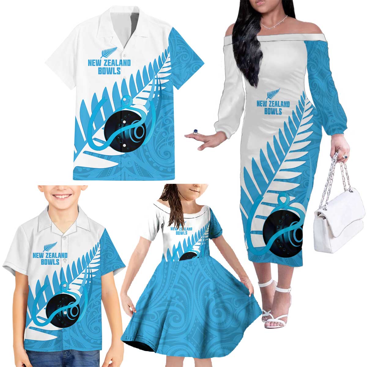New Zealand Lawn Bowls Prostate Cancer Custom Family Matching Off The Shoulder Long Sleeve Dress and Hawaiian Shirt Aotearoa Maori Silver Fern Blue Ribbon - Aussie Hoodie
