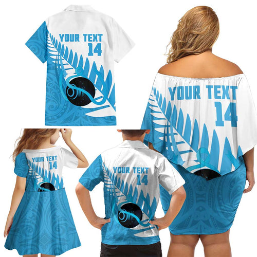 New Zealand Lawn Bowls Prostate Cancer Custom Family Matching Off Shoulder Short Dress and Hawaiian Shirt Aotearoa Maori Silver Fern Blue Ribbon - Aussie Hoodie