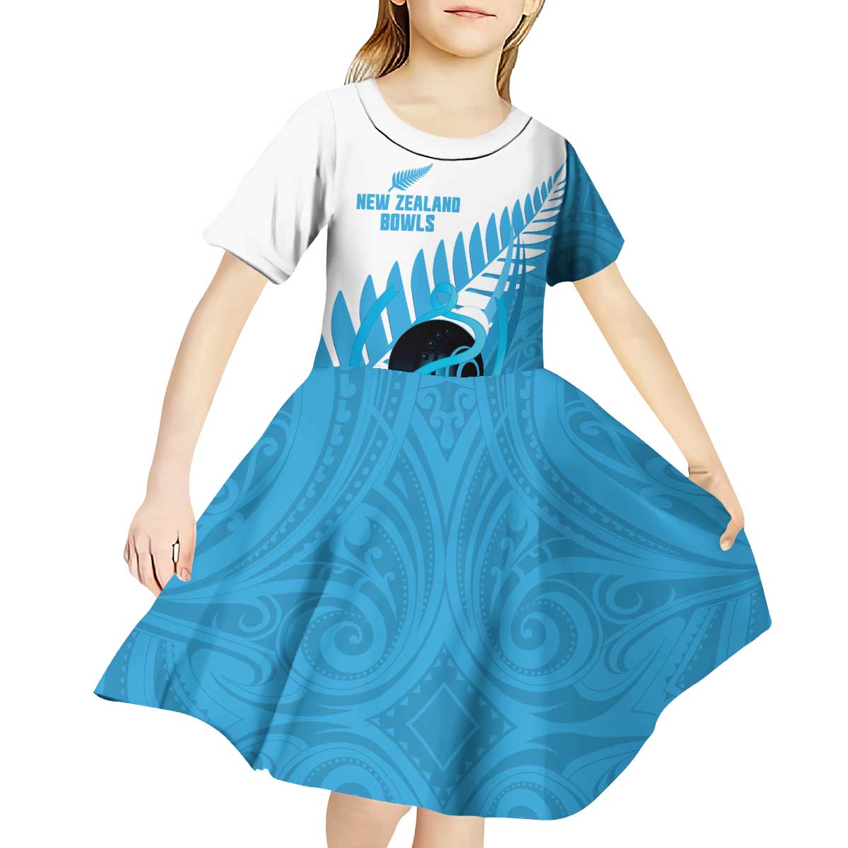 New Zealand Lawn Bowls Prostate Cancer Custom Kid Short Sleeve Dress Aotearoa Maori Silver Fern Blue Ribbon - Aussie Hoodie