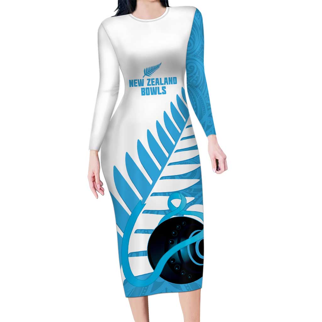 New Zealand Lawn Bowls Prostate Cancer Custom Long Sleeve Bodycon Dress Aotearoa Maori Silver Fern Blue Ribbon - Aussie Hoodie