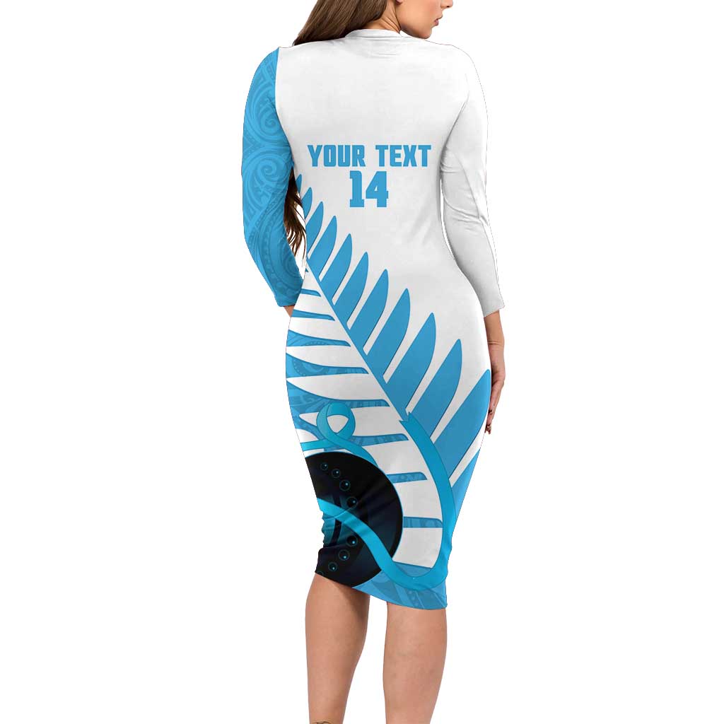 New Zealand Lawn Bowls Prostate Cancer Custom Long Sleeve Bodycon Dress Aotearoa Maori Silver Fern Blue Ribbon - Aussie Hoodie