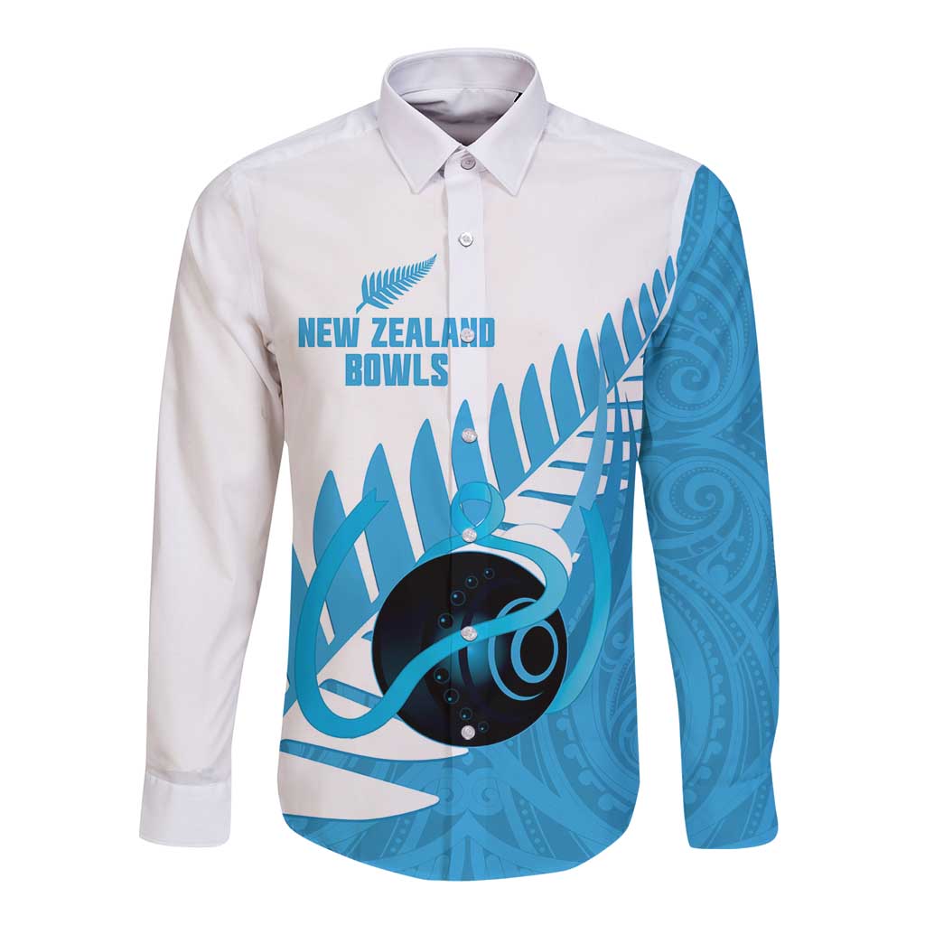 New Zealand Lawn Bowls Prostate Cancer Custom Long Sleeve Button Shirt Aotearoa Maori Silver Fern Blue Ribbon - Aussie Hoodie