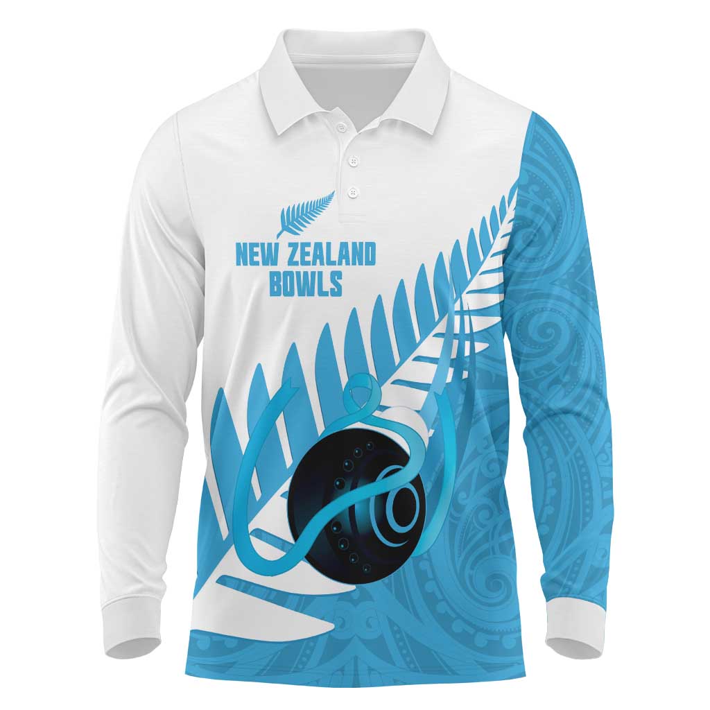 New Zealand Lawn Bowls Prostate Cancer Custom Long Sleeve Polo Shirt Aotearoa Maori Silver Fern Blue Ribbon - Aussie Hoodie