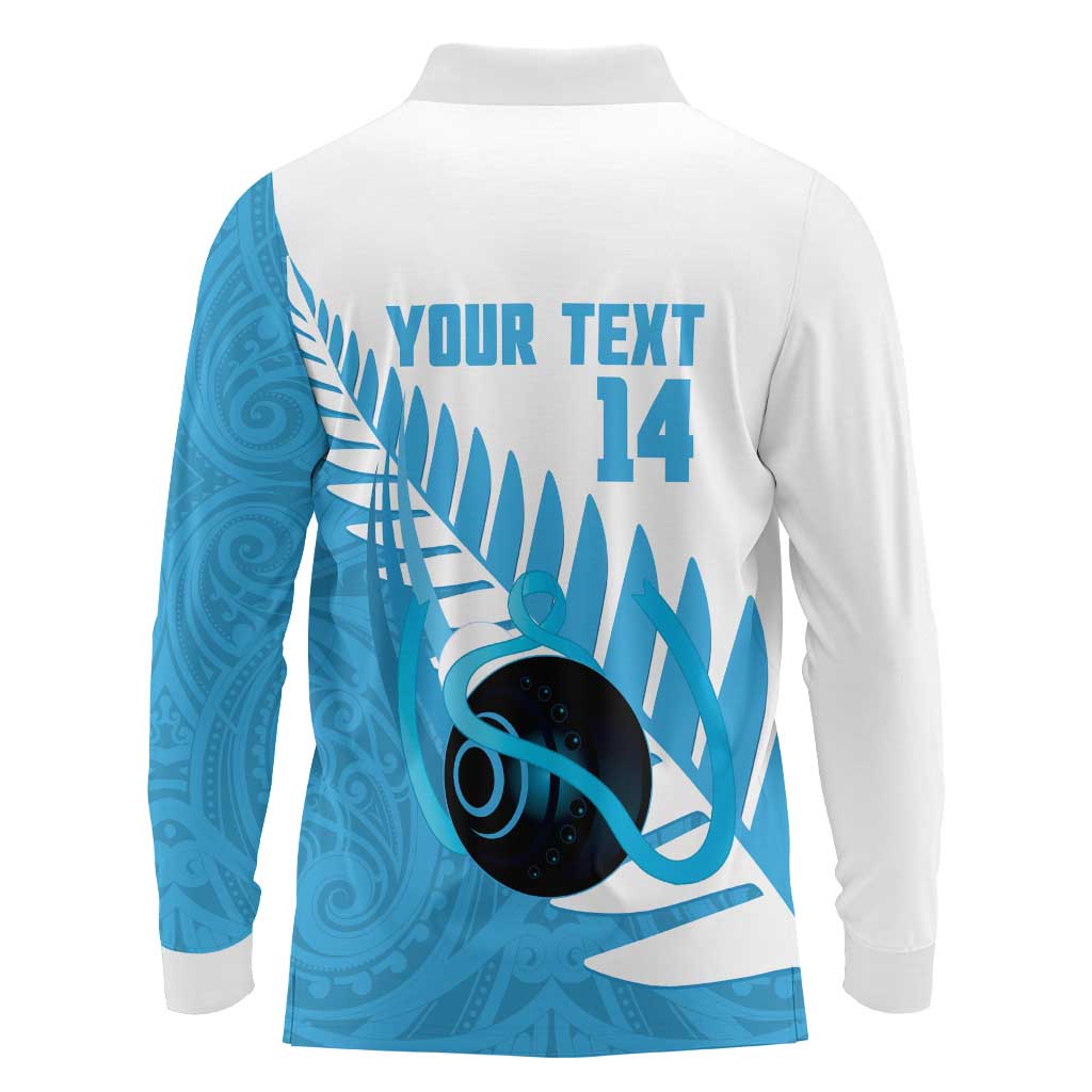 New Zealand Lawn Bowls Prostate Cancer Custom Long Sleeve Polo Shirt Aotearoa Maori Silver Fern Blue Ribbon - Aussie Hoodie
