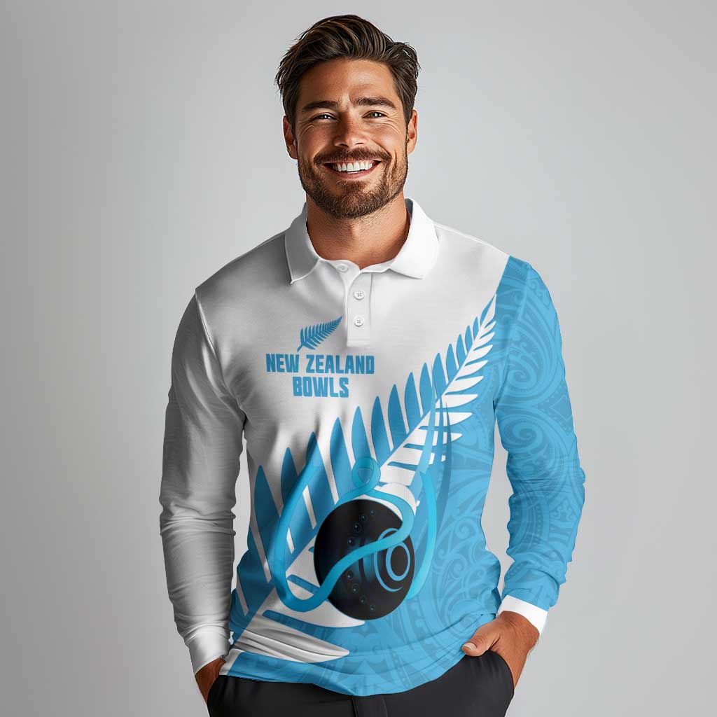 New Zealand Lawn Bowls Prostate Cancer Custom Long Sleeve Polo Shirt Aotearoa Maori Silver Fern Blue Ribbon - Aussie Hoodie