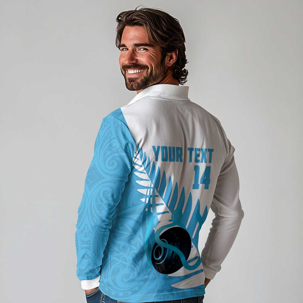New Zealand Lawn Bowls Prostate Cancer Custom Long Sleeve Polo Shirt Aotearoa Maori Silver Fern Blue Ribbon - Aussie Hoodie