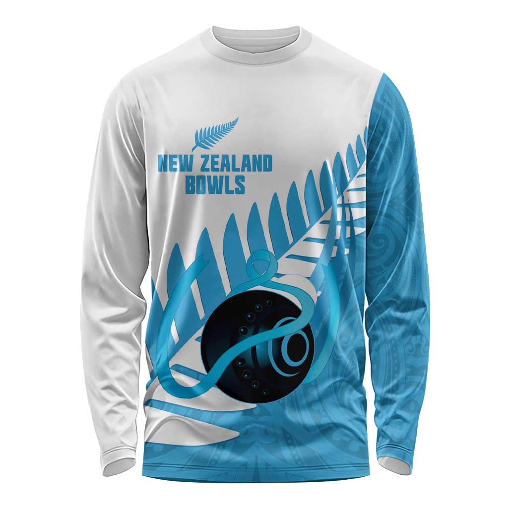 New Zealand Lawn Bowls Prostate Cancer Custom Long Sleeve Shirt Aotearoa Maori Silver Fern Blue Ribbon - Aussie Hoodie