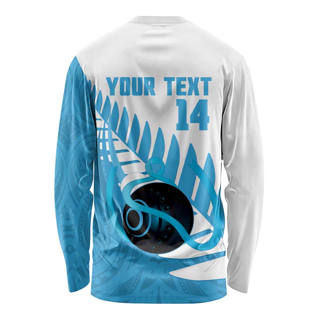 New Zealand Lawn Bowls Prostate Cancer Custom Long Sleeve Shirt Aotearoa Maori Silver Fern Blue Ribbon - Aussie Hoodie