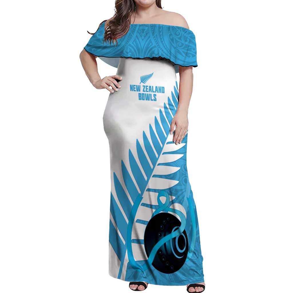 New Zealand Lawn Bowls Prostate Cancer Custom Off Shoulder Maxi Dress Aotearoa Maori Silver Fern Blue Ribbon - Aussie Hoodie