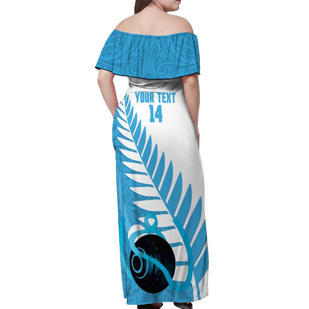 New Zealand Lawn Bowls Prostate Cancer Custom Off Shoulder Maxi Dress Aotearoa Maori Silver Fern Blue Ribbon - Aussie Hoodie