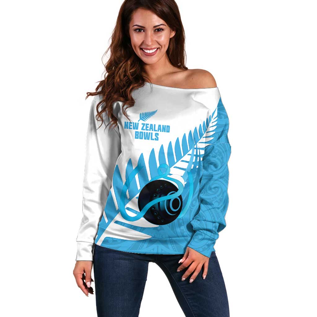 New Zealand Lawn Bowls Prostate Cancer Custom Off Shoulder Sweater Aotearoa Maori Silver Fern Blue Ribbon - Aussie Hoodie