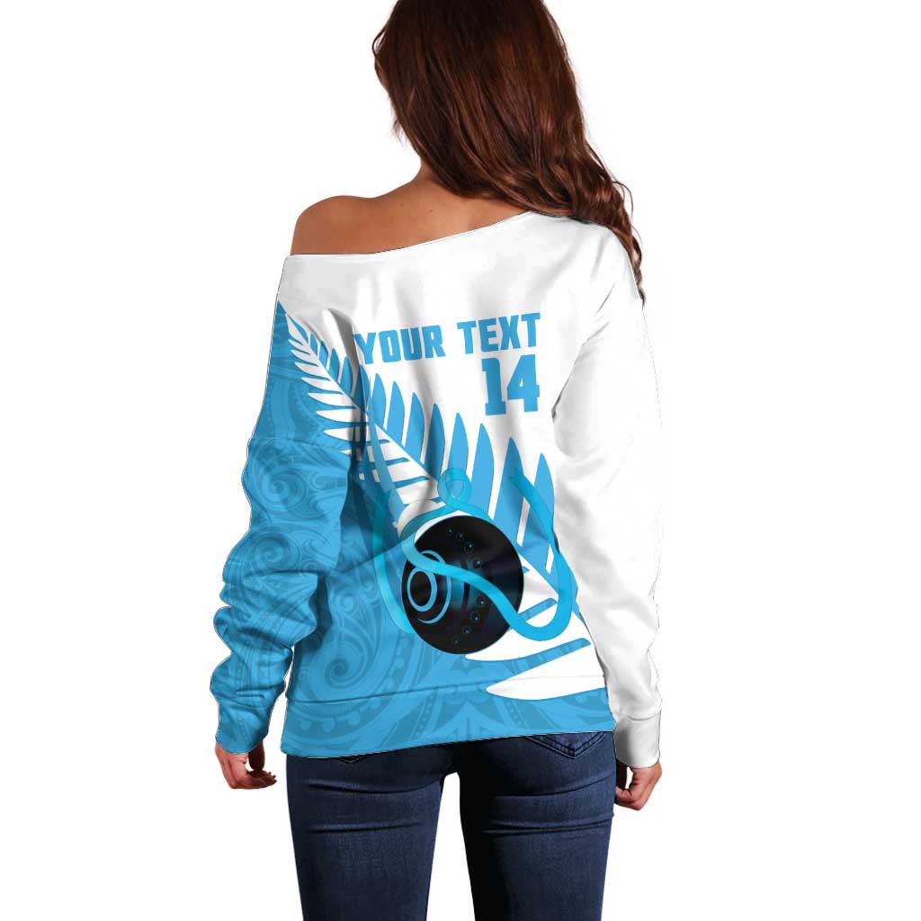 New Zealand Lawn Bowls Prostate Cancer Custom Off Shoulder Sweater Aotearoa Maori Silver Fern Blue Ribbon - Aussie Hoodie