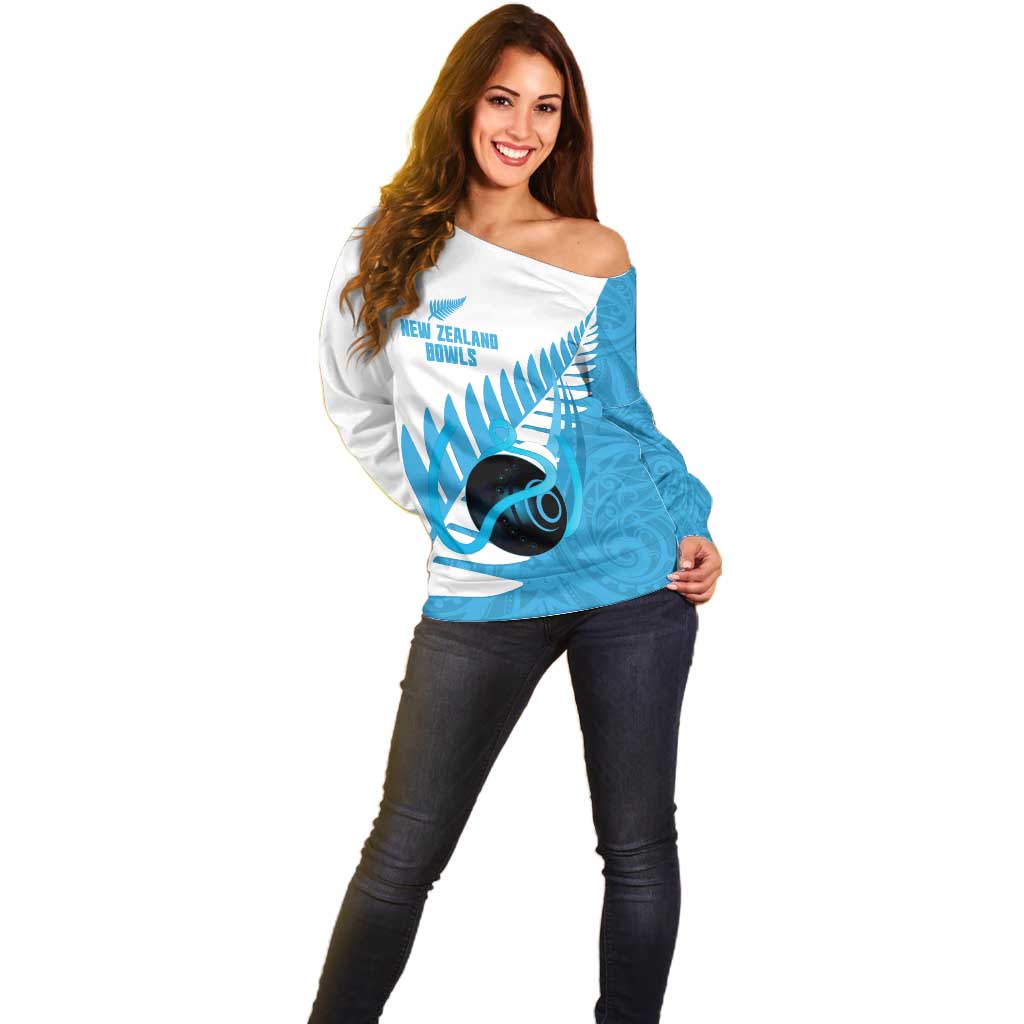 New Zealand Lawn Bowls Prostate Cancer Custom Off Shoulder Sweater Aotearoa Maori Silver Fern Blue Ribbon - Aussie Hoodie
