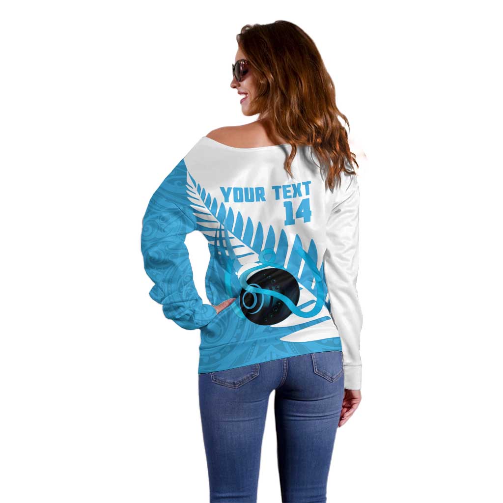 New Zealand Lawn Bowls Prostate Cancer Custom Off Shoulder Sweater Aotearoa Maori Silver Fern Blue Ribbon - Aussie Hoodie