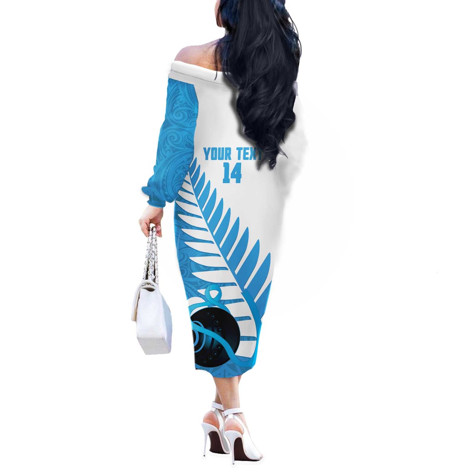 New Zealand Lawn Bowls Prostate Cancer Custom Off The Shoulder Long Sleeve Dress Aotearoa Maori Silver Fern Blue Ribbon - Aussie Hoodie